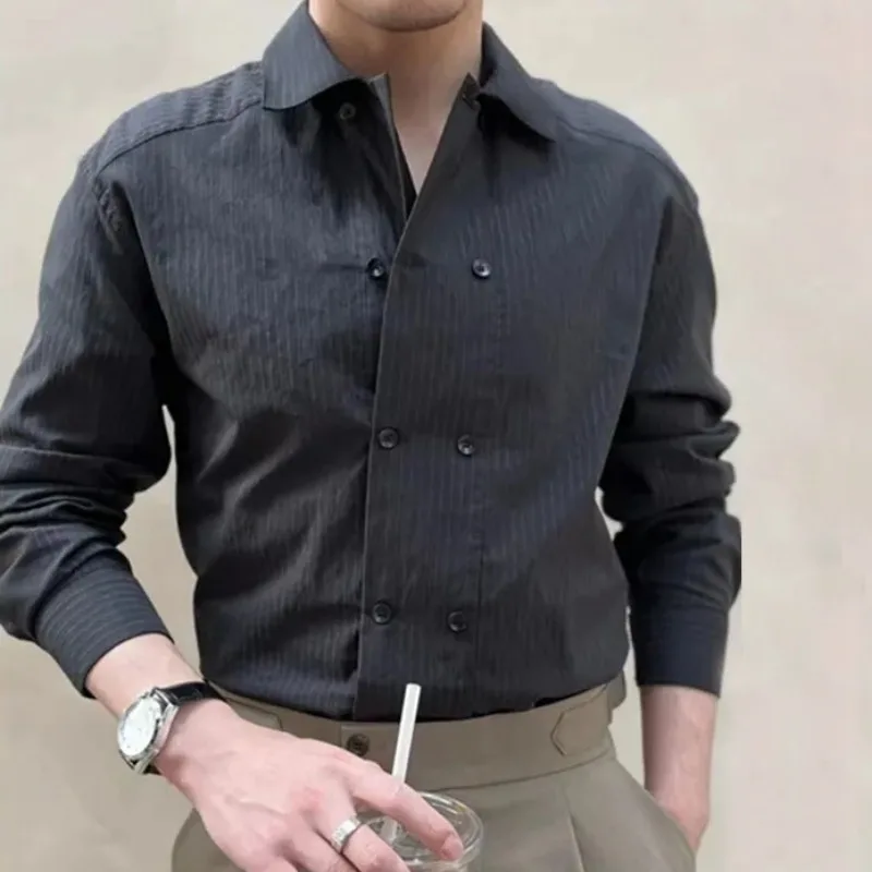 Cuban Collar Double Breasted Shirt Men's Casual Long Sleeved Thin Striped Shirts Straight Loose Ruffian Handsome Trendy Shirt
Cuban Collar Double Breasted Shirt Men's Casual Long Sleeved Thin Striped Shirts Straight Loose Ruffian Handsome Trendy Shirt