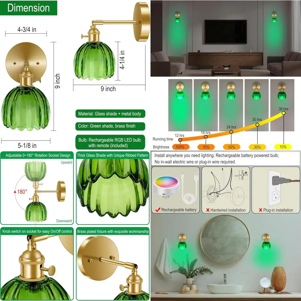 Contemporary RGB LED Wall Sconces with Green Glass Tulip Shades, 2-Piece Set with Rechargeable Bulbs and Remote
Contemporary RGB LED Wall Sconces with Green Glass Tulip Shades, 2-Piece Set with Rechargeable Bulbs and Remote