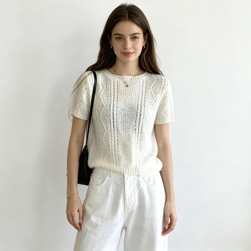 New Fashionable Summer Hollow Knitwear Round Neck Short-sleeved Blouse Sunscreen Elegant Straight Casual Women's Solid Color Top
New Fashionable Summer Hollow Knitwear Round Neck Short-sleeved Blouse Sunscreen Elegant Straight Casual Women's Solid Color Top