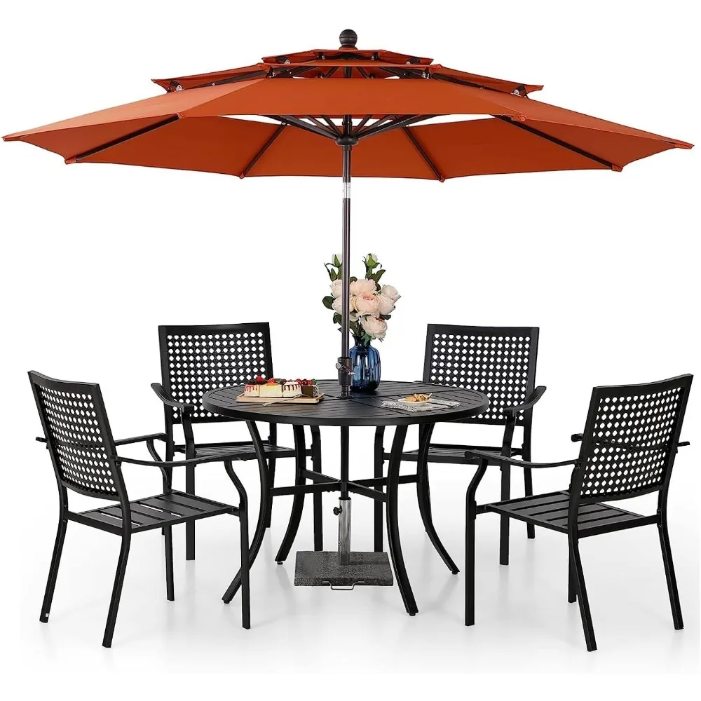 5 Pieces Patio Dining Set with 10ft Patio Umbrella, Metal Patio Circle Table Outdoor Stackable Wrought Iron Chair Set
5 Pieces Patio Dining Set with 10ft Patio Umbrella, Metal Patio Circle Table Outdoor Stackable Wrought Iron Chair Set