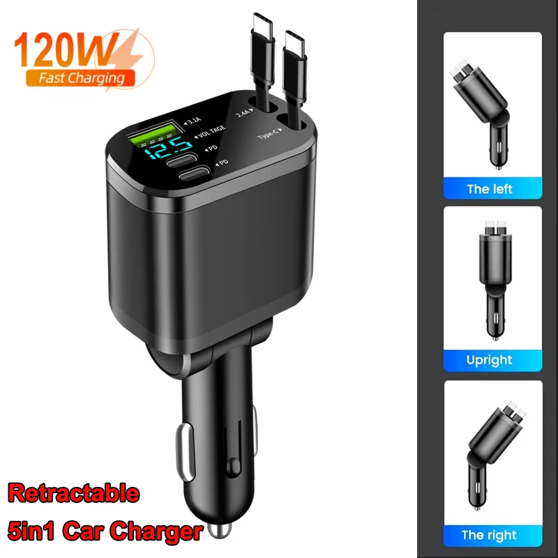 Retractable Car Charger , 5 in 1 Super Fast Phone Charger Adapter, Auto Cellphone Charging Accessories with Dual Type C Cables
Retractable Car Charger , 5 in 1 Super Fast Phone Charger Adapter, Auto Cellphone Charging Accessories with Dual Type C Cables