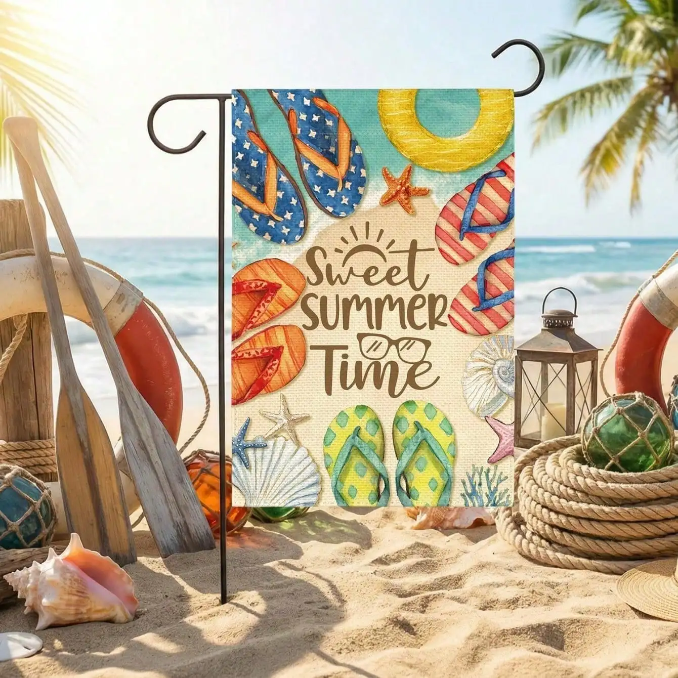 12x18 Inch Double Sided Burlap Coastal Flip Flop Palm Seashell Welcome Porch No Pole
12x18 Inch Double Sided Burlap Coastal Flip Flop Palm Seashell Welcome Porch No Pole
