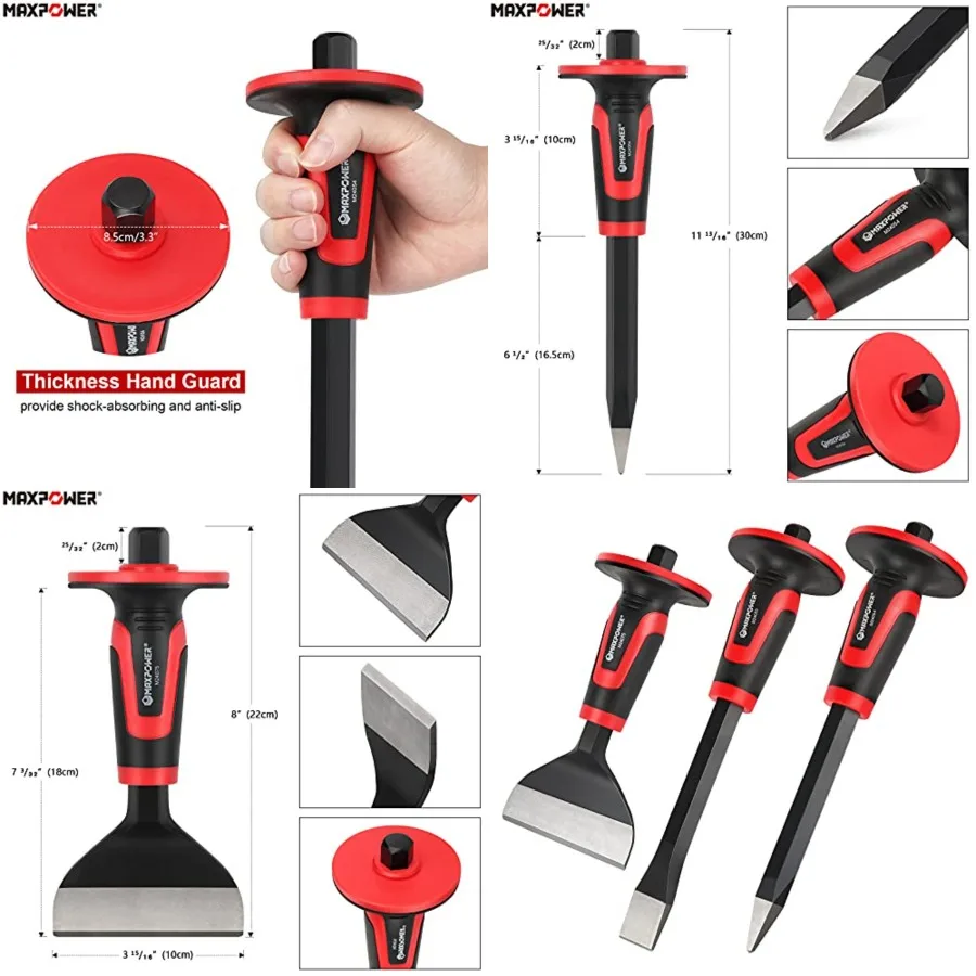 3-Piece Masonry Chisels Set, 11" Point Chisel and Flat Chisels, 8" Brick Chisel, with Thick Hand Guard
3-Piece Masonry Chisels Set, 11" Point Chisel and Flat Chisels, 8" Brick Chisel, with Thick Hand Guard