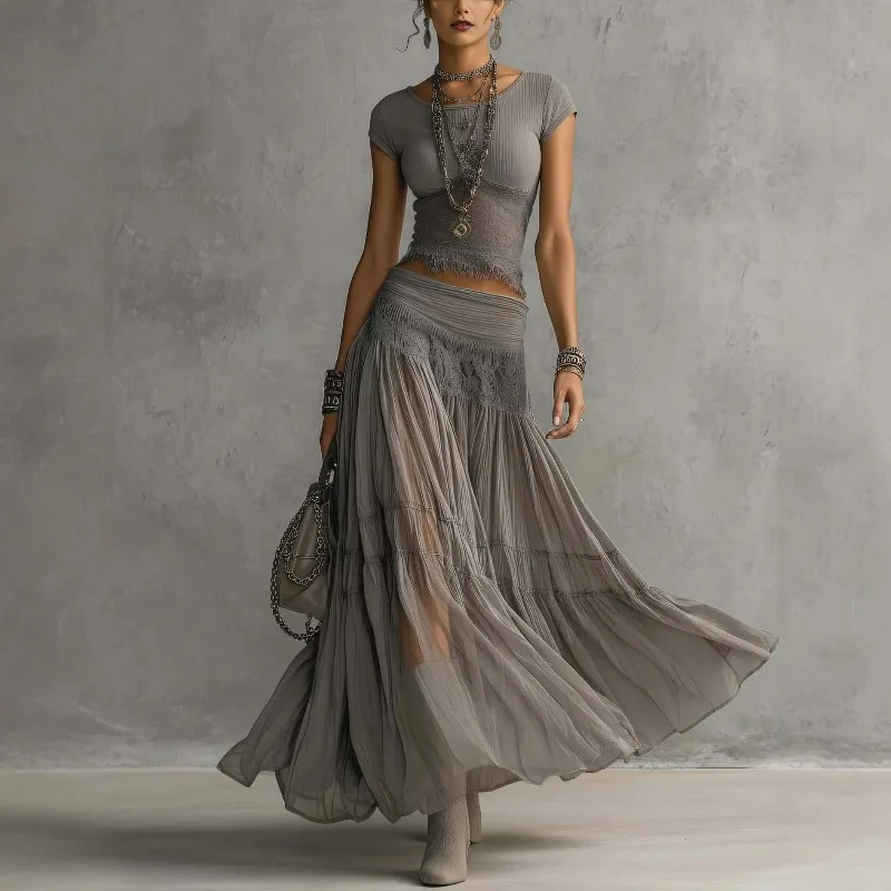 2026 Two-piece Fashion and Elegant Set for Women, Featuring A Grey Knitted Top and A Chiffon Long Skirt From Europe and America
2026 Two-piece Fashion and Elegant Set for Women, Featuring A Grey Knitted Top and A Chiffon Long Skirt From Europe and America