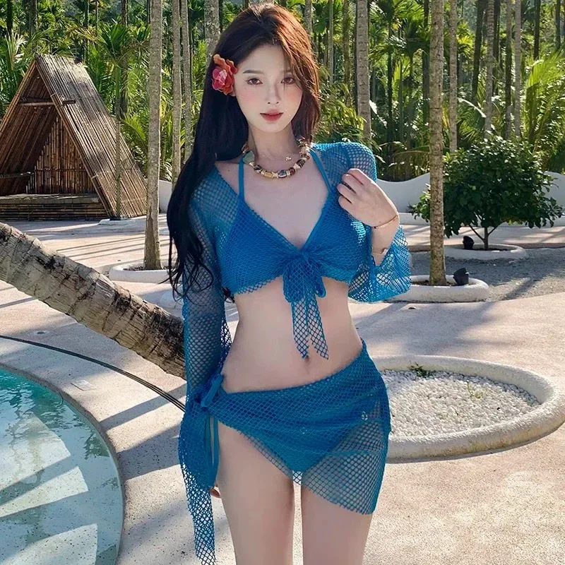Women's 3 Piece Blue Mesh Bikini Set with Cover Halter Tie Front Triangle Swimsuit Sarong Skirt for Beach Vacation
Women's 3 Piece Blue Mesh Bikini Set with Cover Halter Tie Front Triangle Swimsuit Sarong Skirt for Beach Vacation