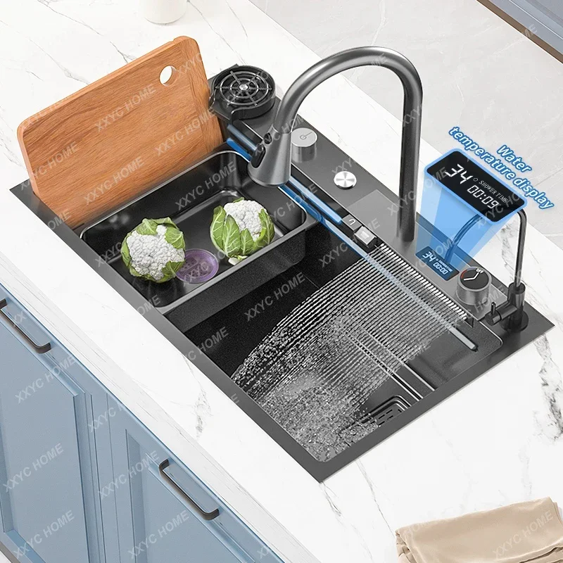 Waterfall of Kitchen Sink Smart Nano Stainless Steel Sink Multifuctional Large Wash Basin Sink Black Kitchen Accessories Faucet
Waterfall of Kitchen Sink Smart Nano Stainless Steel Sink Multifuctional Large Wash Basin Sink Black Kitchen Accessories Faucet