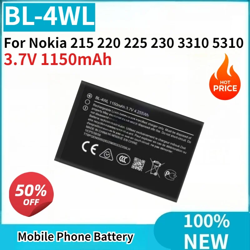 High Quality BL-4WL 3.7V 1150mAh Mobile Phone Battery For Nokia 215 220 225 230 3310 5310 Replaceable Battery
High Quality BL-4WL 3.7V 1150mAh Mobile Phone Battery For Nokia 215 220 225 230 3310 5310 Replaceable Battery