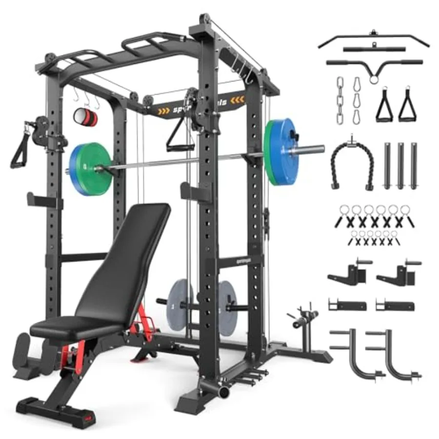 Home gym power cage: steel, black, multi-functional squat rack with pulley system, LAT pull down, and J-hooks
Home gym power cage: steel, black, multi-functional squat rack with pulley system, LAT pull down, and J-hooks