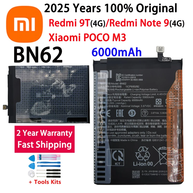 100% оригинальный новый аккумулятор BN62 6000 мАч для Xiaomi POCO M3 Redmi Note 9 Redmi 9T 4G, сменные аккумуляторы для телефона + инструменты
100% оригинальный новый аккумулятор BN62 6000 мАч для Xiaomi POCO M3 Redmi Note 9 Redmi 9T 4G, сменные аккумуляторы для телефона + инструменты
