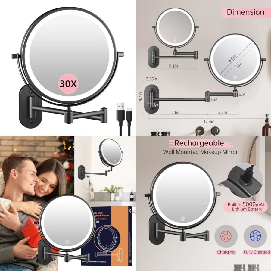5000mAh Rechargeable Wall Mounted Lighted Makeup Vanity Mirror, Double Sided 1X 30X Magnifying, 3 Color Lighting, Touch Dimming
5000mAh Rechargeable Wall Mounted Lighted Makeup Vanity Mirror, Double Sided 1X 30X Magnifying, 3 Color Lighting, Touch Dimming
