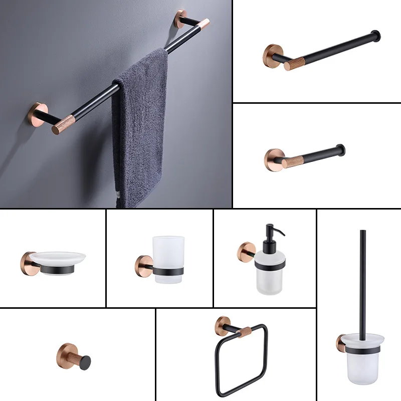 Bathroom Hardwares Set Black Towel Bar, Paper Towel Rack, Clothes Hook, Soap Dispenser, Towel Ring, Brass Knurled Style
Bathroom Hardwares Set Black Towel Bar, Paper Towel Rack, Clothes Hook, Soap Dispenser, Towel Ring, Brass Knurled Style