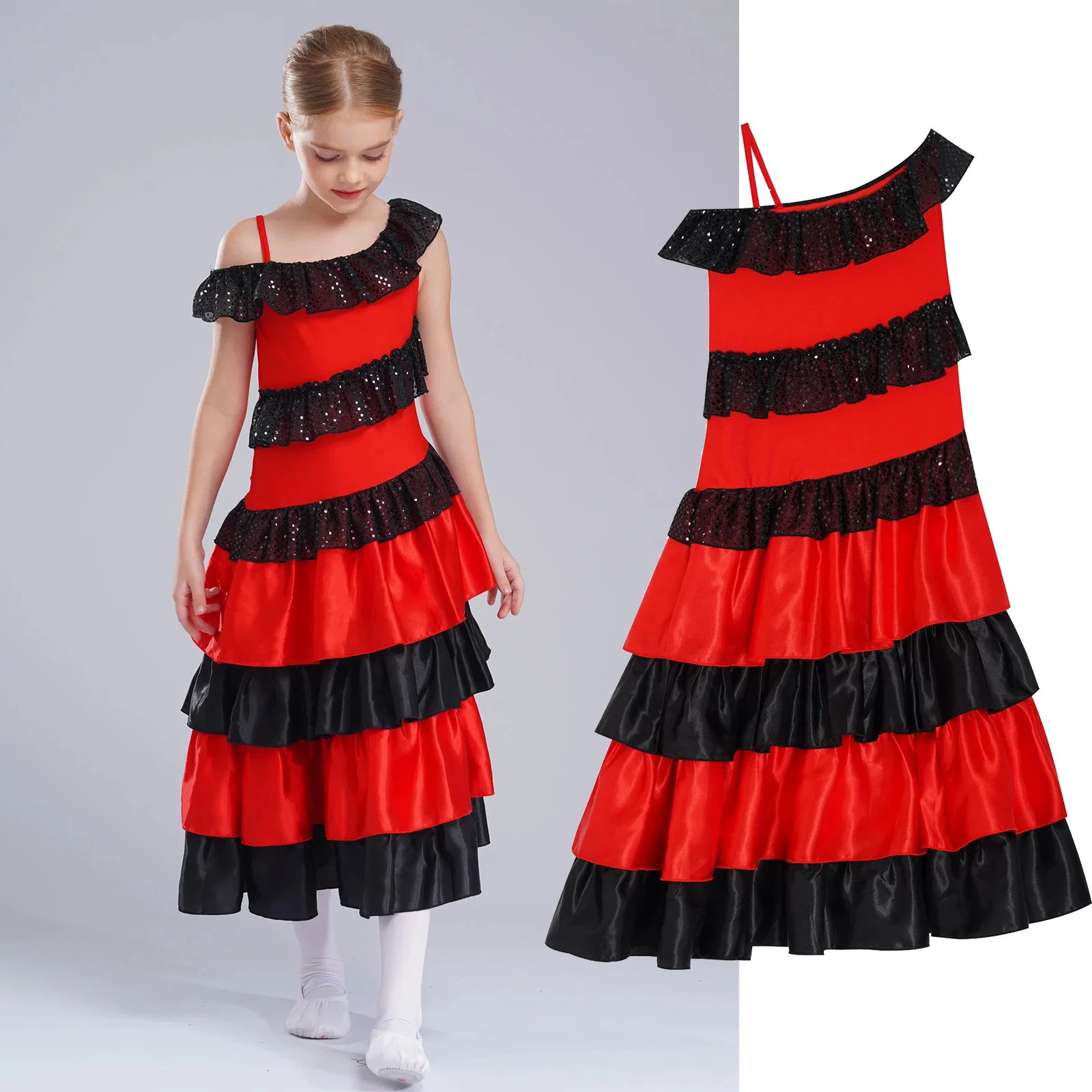 Kid Girls Ruffle Satin Dress Traditional Spanish Flamenco Dance Skirt Satin Full Circle Bull Dance Dress Modern Ballroom Costume
Kid Girls Ruffle Satin Dress Traditional Spanish Flamenco Dance Skirt Satin Full Circle Bull Dance Dress Modern Ballroom Costume