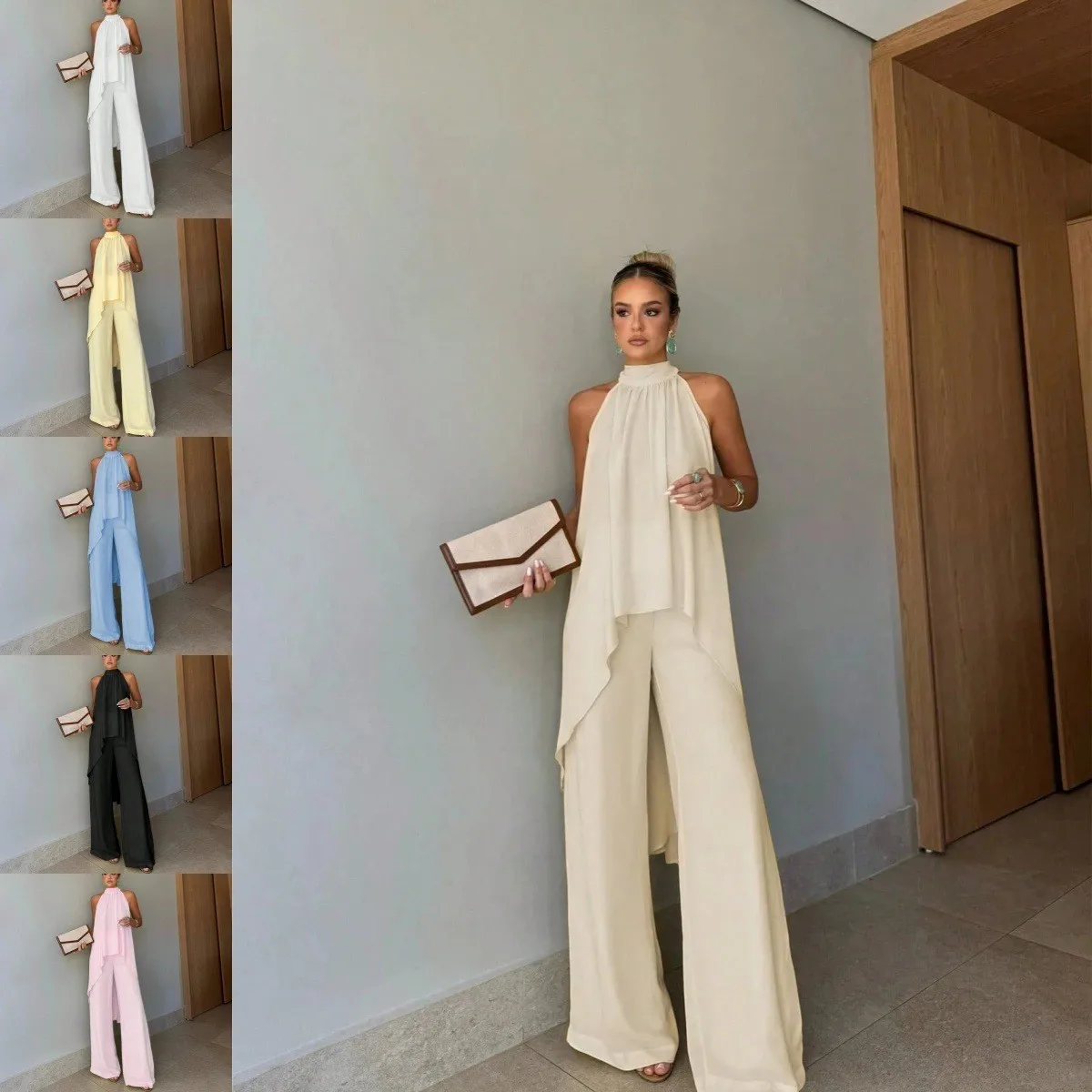 2 Piece Set Pants Sleeveless Halter Neck Top Wide Leg Trousers Summer Suit Solid Color Long Pants Cream Yellow Black Pants
2 Piece Set Pants Sleeveless Halter Neck Top Wide Leg Trousers Summer Suit Solid Color Long Pants Cream Yellow Black Pants