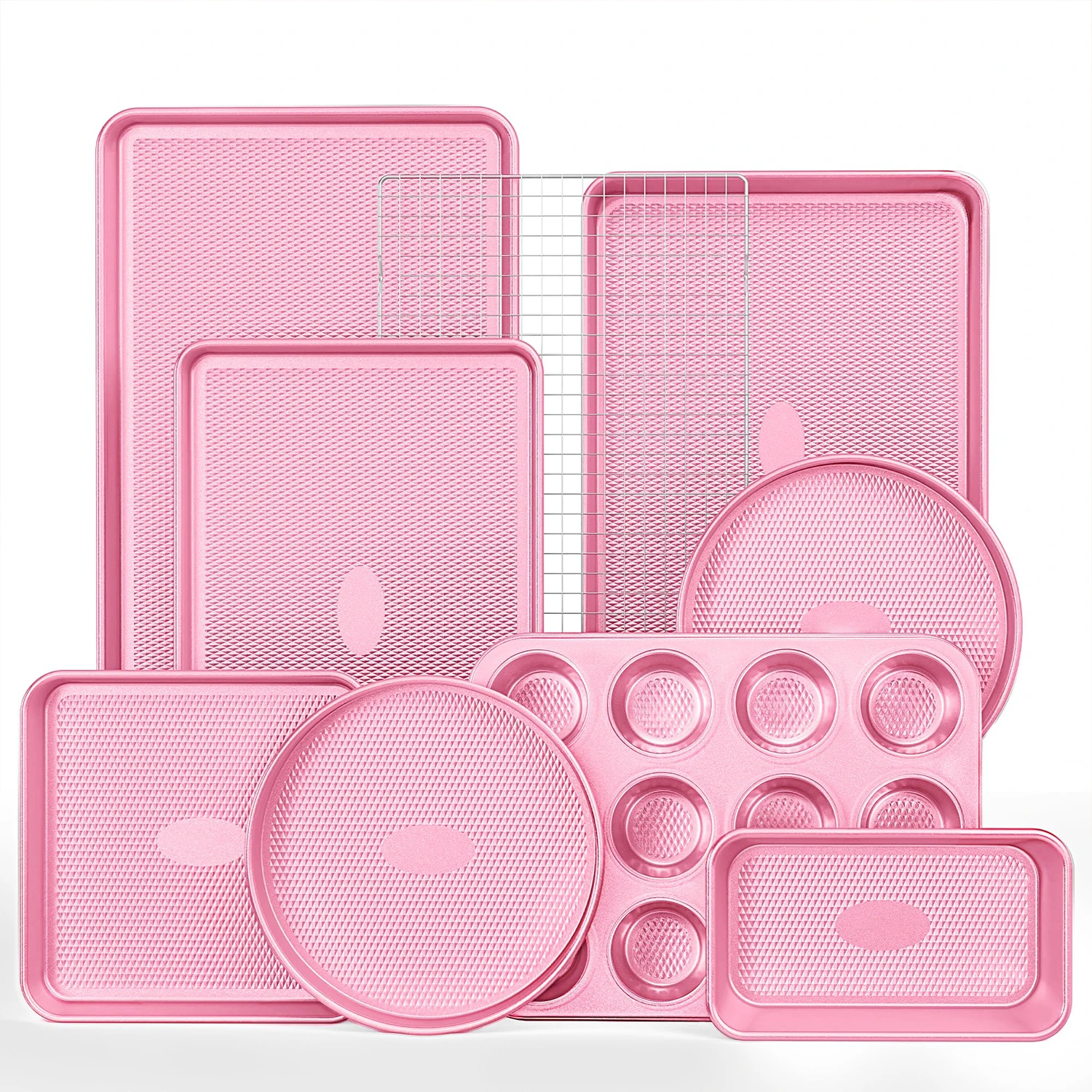 Eco Friendly Products Pink Non Stick Coating Space Saving Bakeware Set Cookie Pan Sheet Baking Tray Set of 9
Eco Friendly Products Pink Non Stick Coating Space Saving Bakeware Set Cookie Pan Sheet Baking Tray Set of 9