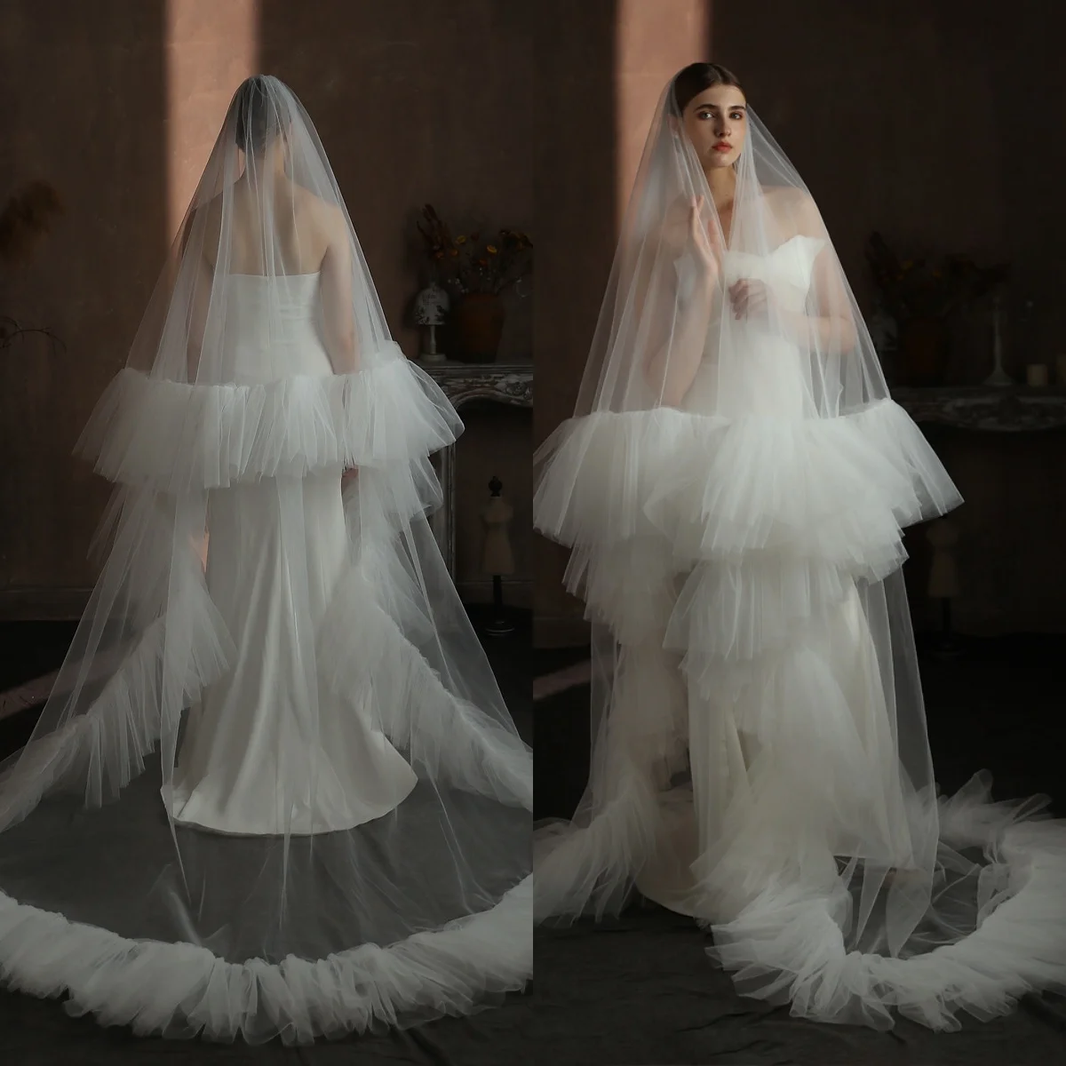 Elegant Wedding Veil Two Layer Long Cathedral Veils Ruffles Ruched Edge Handmade Tulle Customized Bridal Accessories
Elegant Wedding Veil Two Layer Long Cathedral Veils Ruffles Ruched Edge Handmade Tulle Customized Bridal Accessories