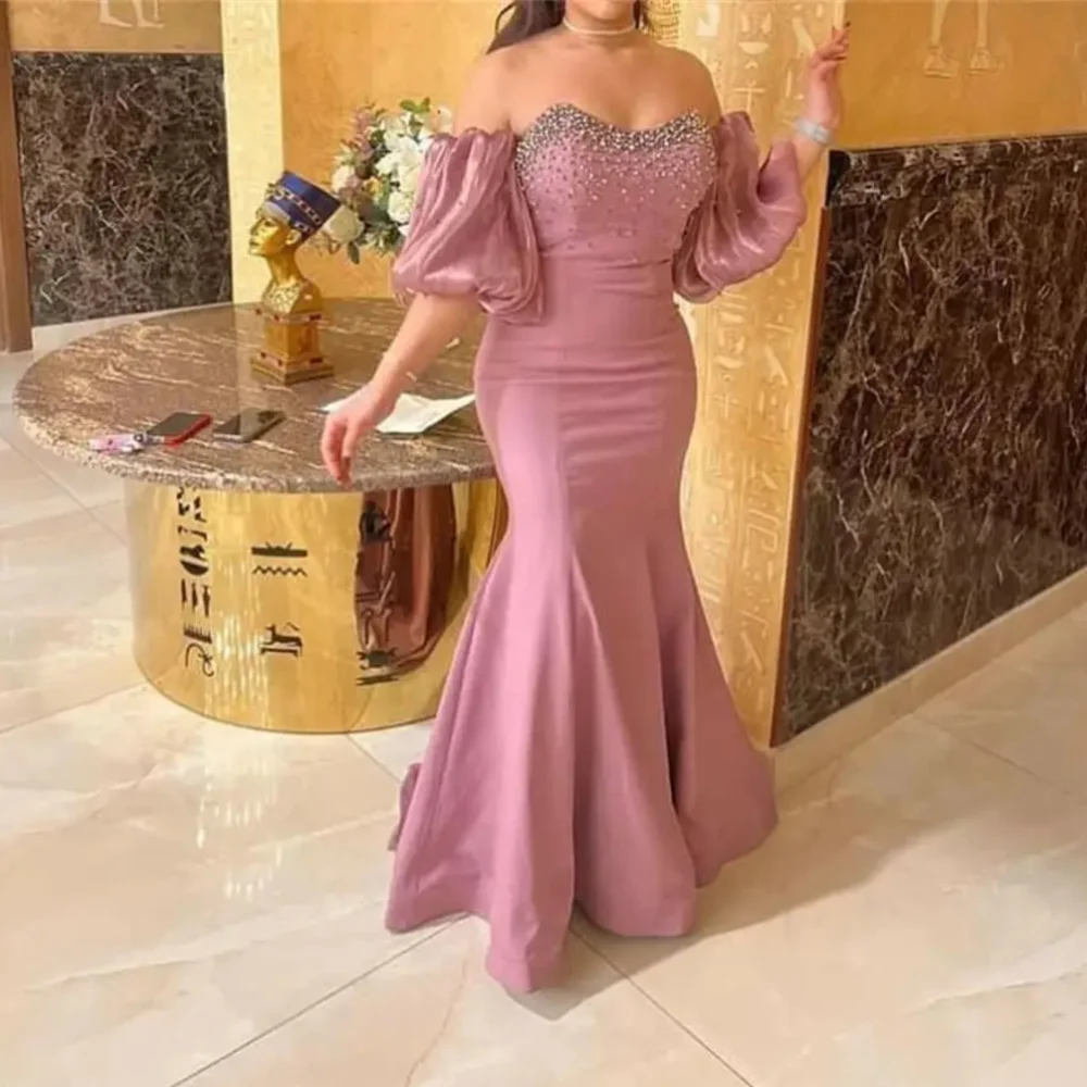 Vintage Long Off the Shoulder Beaded Satin Evening Dresses Short Sleeves A Line Floor Length فستان سهرة for Women
Vintage Long Off the Shoulder Beaded Satin Evening Dresses Short Sleeves A Line Floor Length فستان سهرة for Women