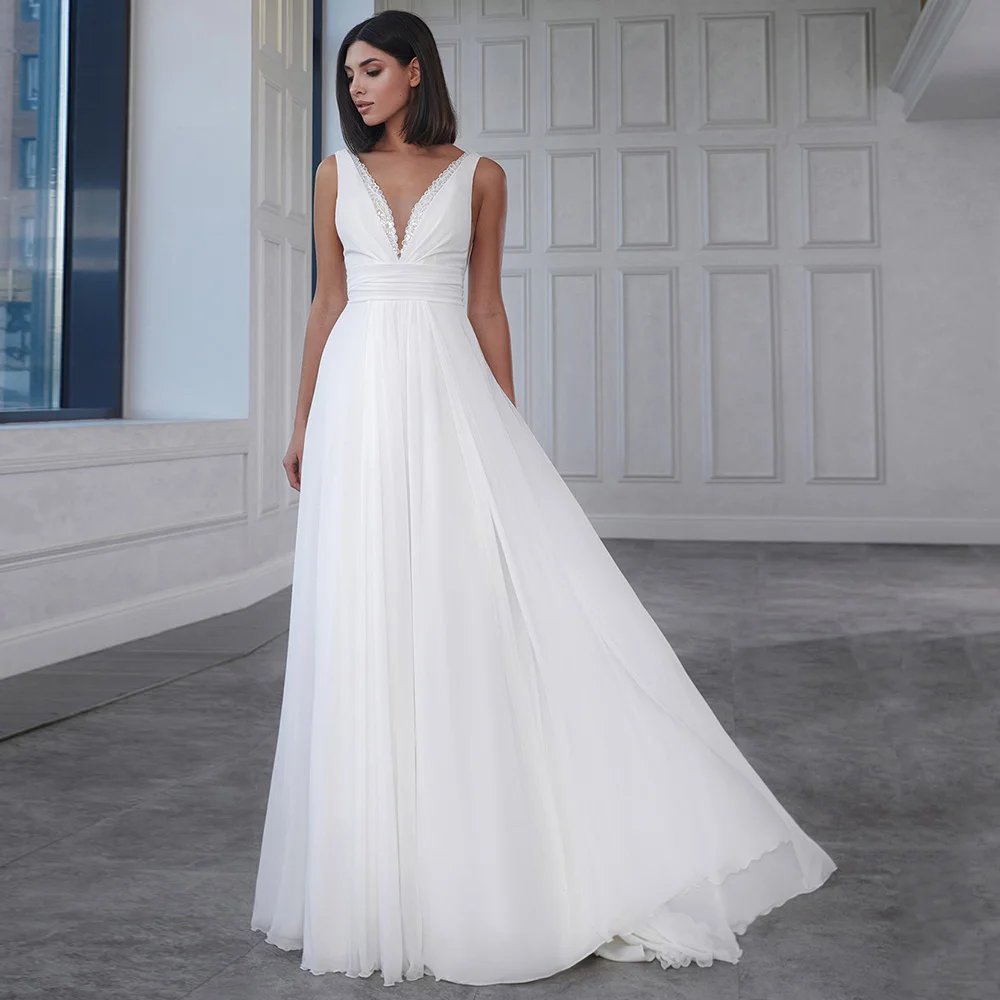 Graceful A-Line Chiffon Civil Wedding Dresses Customized Lace V-Neck Pleats Sleeveless Backless Bridal Gowns with Sweep Train
Graceful A-Line Chiffon Civil Wedding Dresses Customized Lace V-Neck Pleats Sleeveless Backless Bridal Gowns with Sweep Train