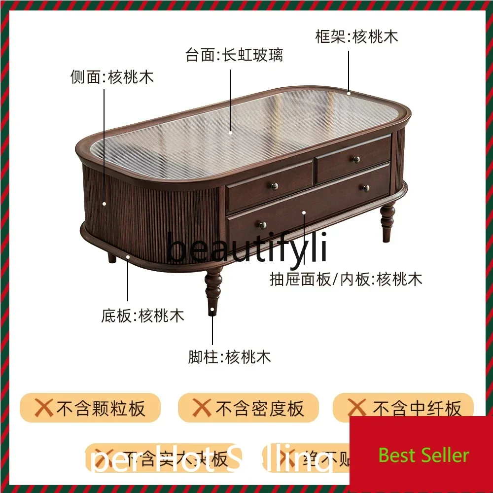 French retro coffee table American solid wood oval tempered glass G1218
French retro coffee table American solid wood oval tempered glass G1218