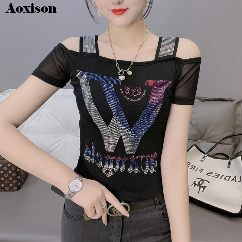 Aoxison Korean Style Women Clothing Sexy Off Shoulder Letter Diamonds T-shirt Slim Short Sleeve Female Casual Tops Tees
Aoxison Korean Style Women Clothing Sexy Off Shoulder Letter Diamonds T-shirt Slim Short Sleeve Female Casual Tops Tees