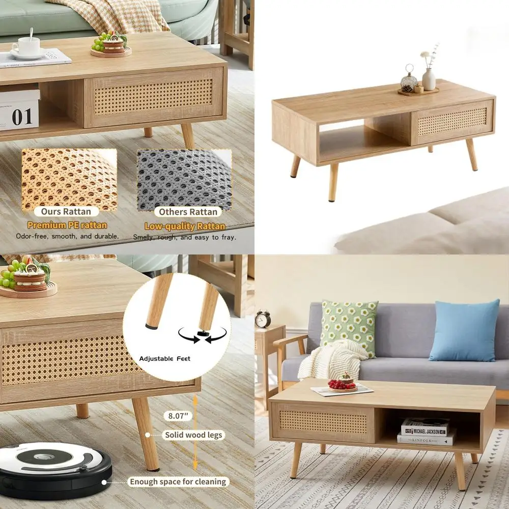 Rattan Coffee Table with Sliding Door and Storage, Century Boho Center Table with Solid Wood Legs and Open Shelf, Space-Saving W
Rattan Coffee Table with Sliding Door and Storage, Century Boho Center Table with Solid Wood Legs and Open Shelf, Space-Saving W