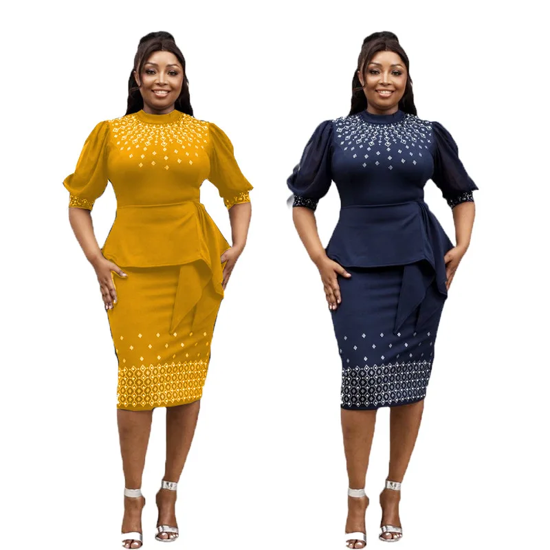 African women's clothing waist and hip fake two-piece lantern sleeves medium-sleeved dress hot diamond beads high-end temperamen
African women's clothing waist and hip fake two-piece lantern sleeves medium-sleeved dress hot diamond beads high-end temperamen