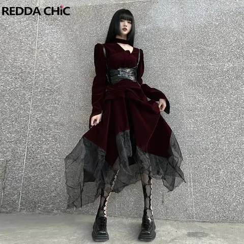 Vestido Longo de Veludo Feminino IMU com Cinto, Conjunto de 2 Peças, Vermelho Retrô com Recortes, Bainha Irregular e Detalhes em Renda, Estilo Y2K Gótico para Festas