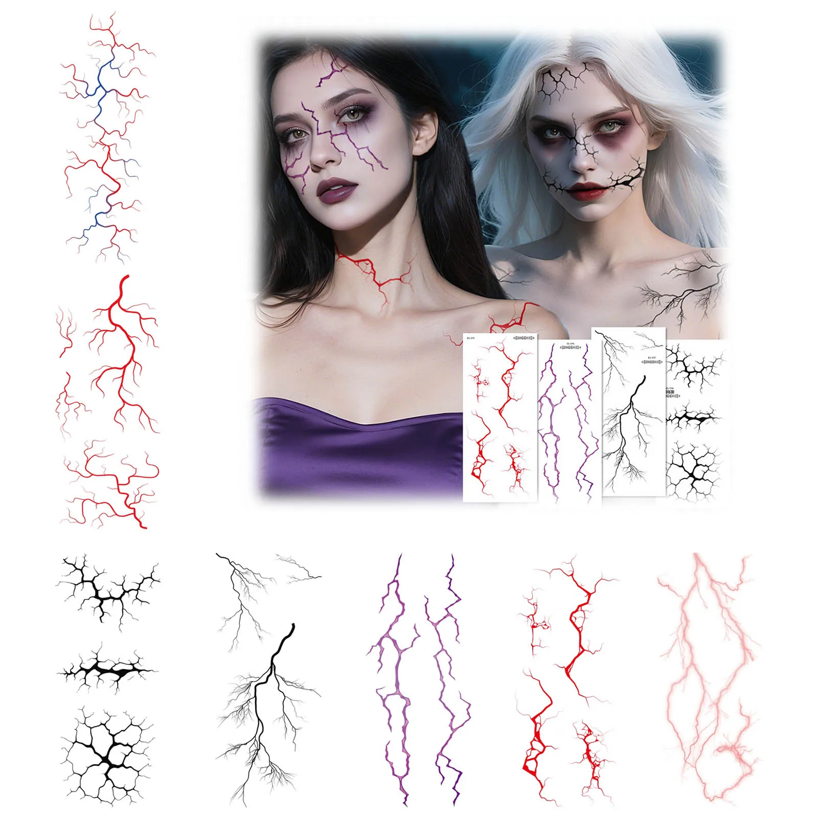 Halloween Makeup Scary Veins Tattoos Realistic Fake Blood Vessels Lightning Scar Body Stickers for Zombie Cosplay Party
Halloween Makeup Scary Veins Tattoos Realistic Fake Blood Vessels Lightning Scar Body Stickers for Zombie Cosplay Party