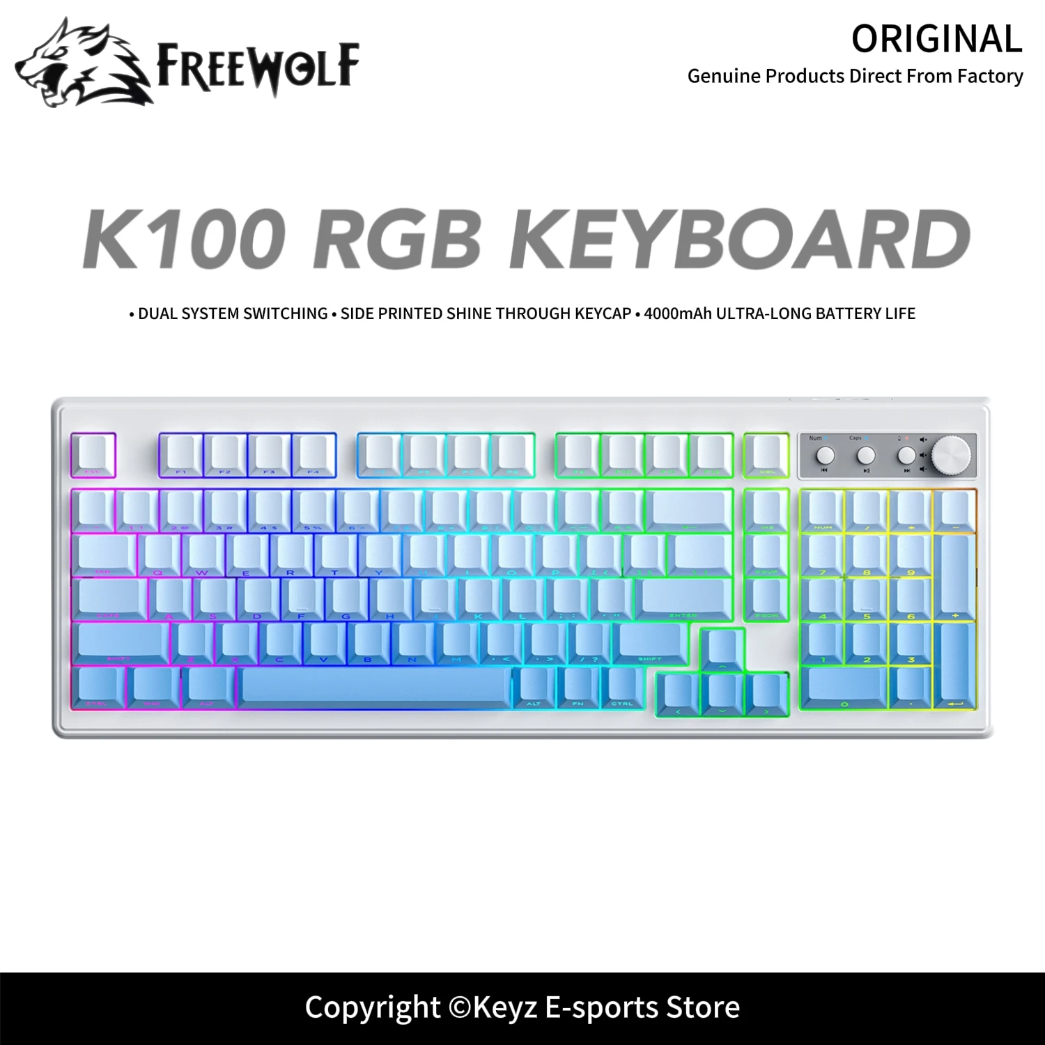 Wireless Gaming Keyboard RGB Backlit FREEWOLF K100 Quiet Keyboard Multimedia Control Knob 26-Key Anti-Ghosting for E-Sports
Wireless Gaming Keyboard RGB Backlit FREEWOLF K100 Quiet Keyboard Multimedia Control Knob 26-Key Anti-Ghosting for E-Sports