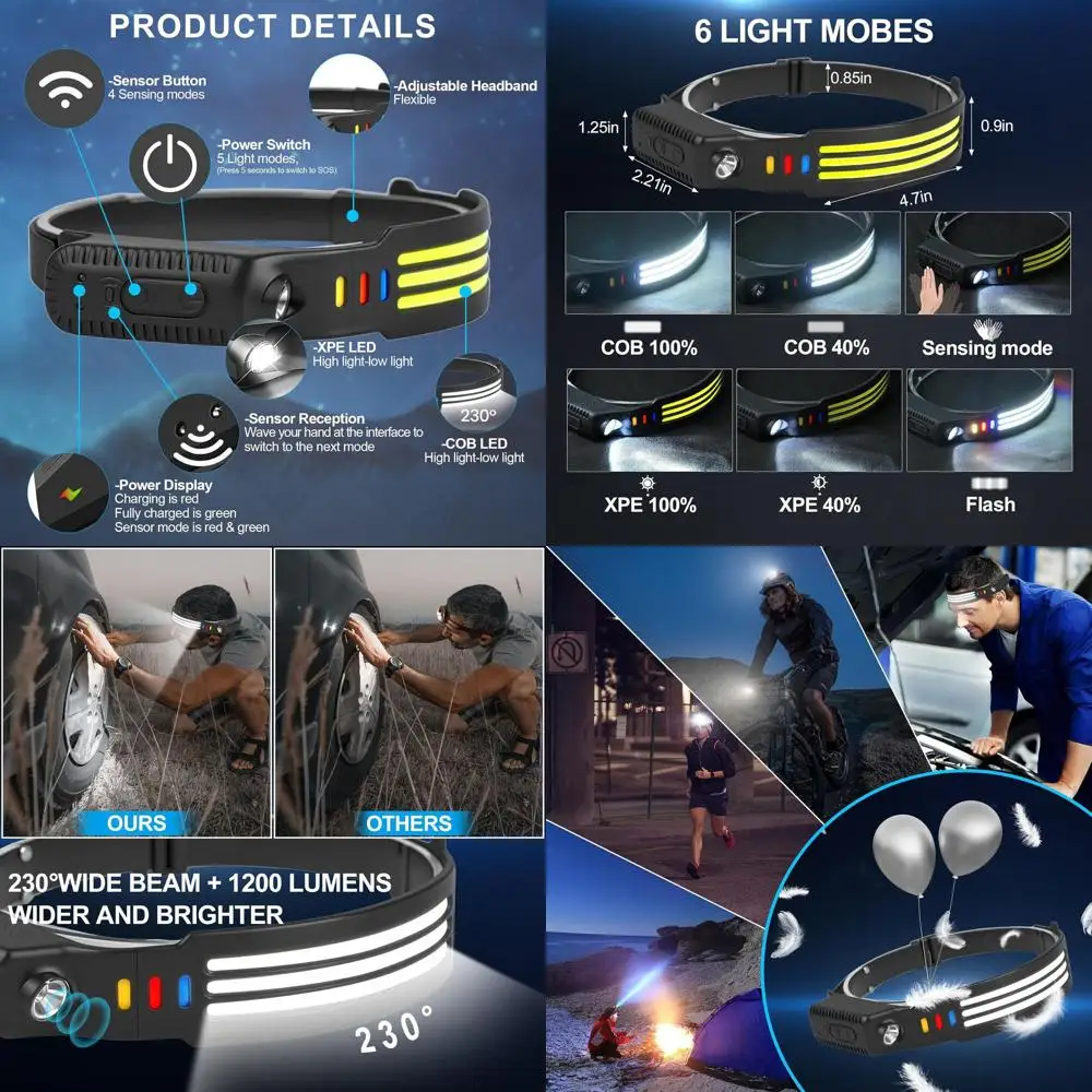 Rechargeable LED Headlamp with 1200 Lumens, Motion Sensor, 230° Beam, 5 Modes, Waterproof for Outdoor Activities
Rechargeable LED Headlamp with 1200 Lumens, Motion Sensor, 230° Beam, 5 Modes, Waterproof for Outdoor Activities