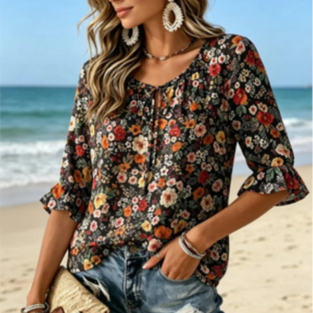 Multicolor Vintage Floral Mix Print Tie Neck Blouse, Ruffled 3/4 Sleeve Loose Shirt, Ladies Daily Beach Blouse
Multicolor Vintage Floral Mix Print Tie Neck Blouse, Ruffled 3/4 Sleeve Loose Shirt, Ladies Daily Beach Blouse