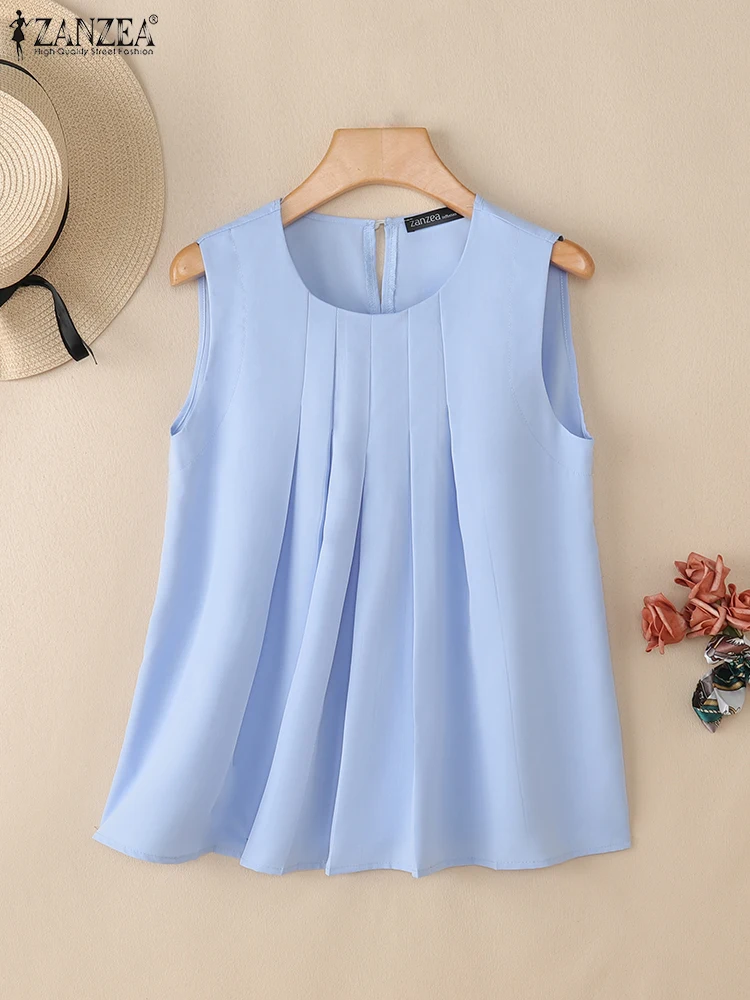 Stylish Women Tanks Tops 2025 ZANZEA Summer Sleeveless Solid Pleated Blouses Elegant O Neck Loose Work Shirt Female Camis Mujer
Stylish Women Tanks Tops 2025 ZANZEA Summer Sleeveless Solid Pleated Blouses Elegant O Neck Loose Work Shirt Female Camis Mujer