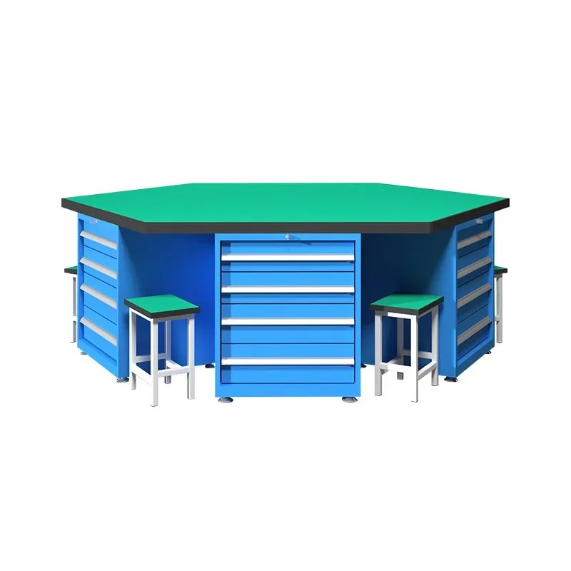 Heavy-duty hexagonal fitter table, multi-station tool table with vice, equipment workshop hexagonal training fitter table
Heavy-duty hexagonal fitter table, multi-station tool table with vice, equipment workshop hexagonal training fitter table