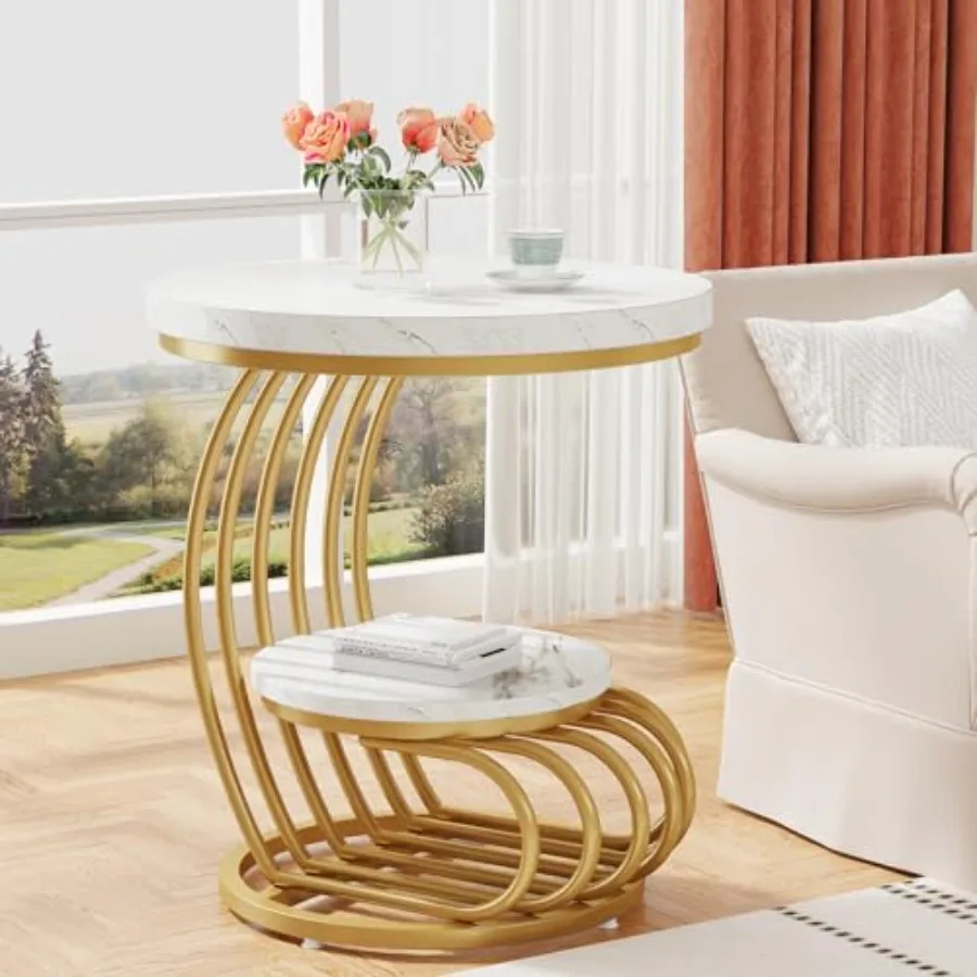 Gold Round End Table: 2-Tier Faux Marble Side Table with Storage Shelf, Modern White Gold Bedside Nightstand, Metal Arc-Shaped
Gold Round End Table: 2-Tier Faux Marble Side Table with Storage Shelf, Modern White Gold Bedside Nightstand, Metal Arc-Shaped