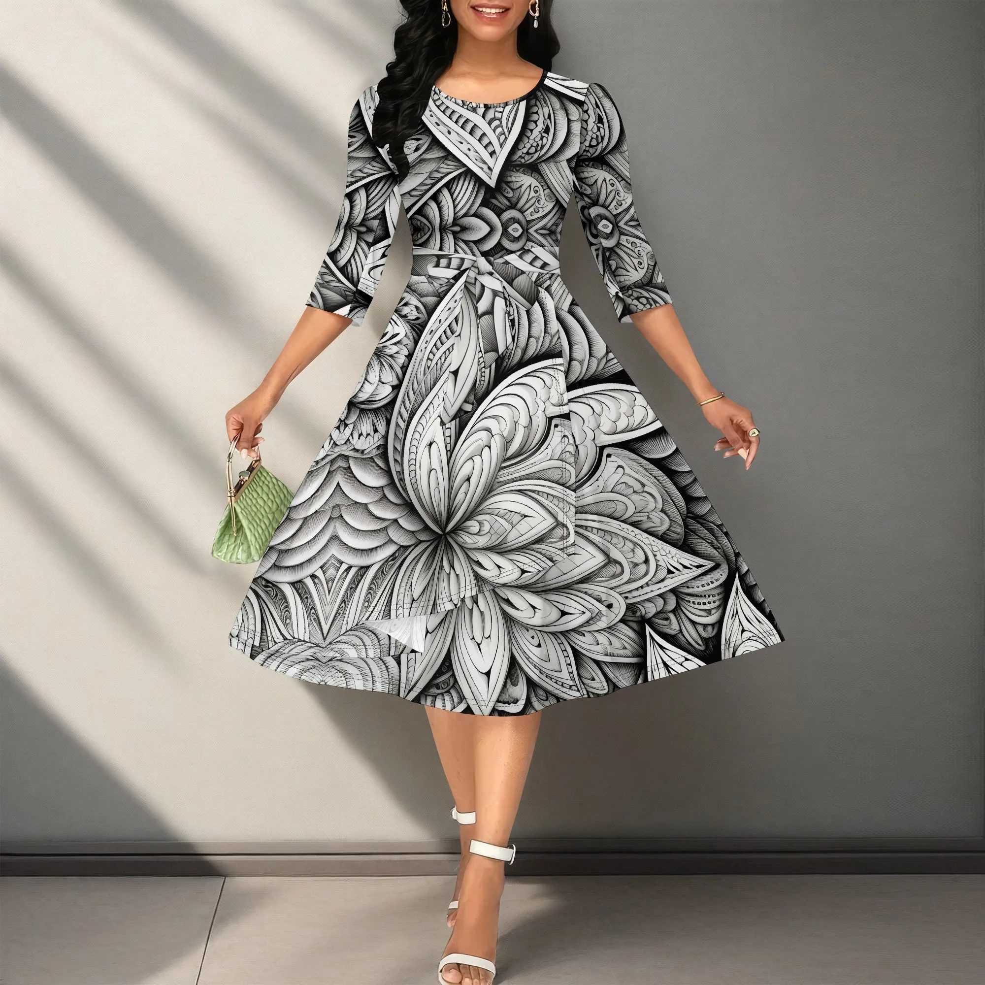 Bold Tribal Flower Print Midi Dress for Women 3/4 Sleeve A-Line Fit Elegant Modest Style for Eid Party Summer 2025 Outfit
Bold Tribal Flower Print Midi Dress for Women 3/4 Sleeve A-Line Fit Elegant Modest Style for Eid Party Summer 2025 Outfit