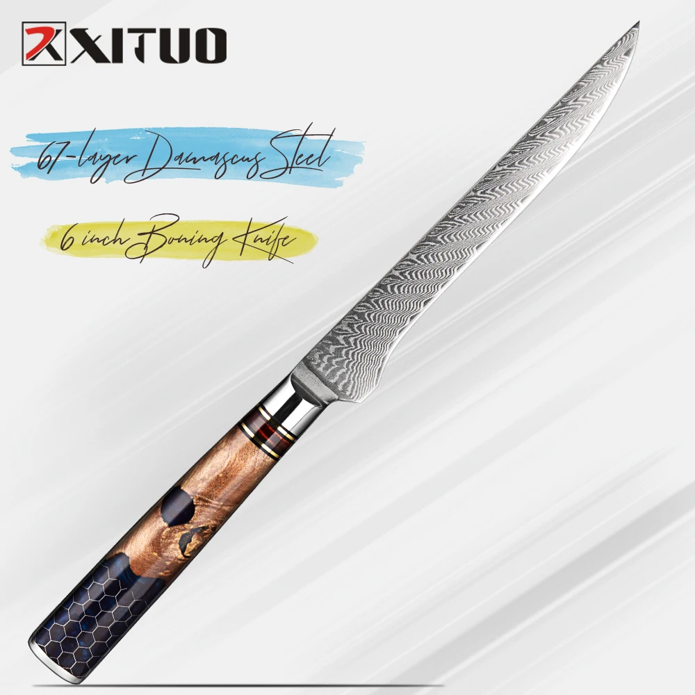 XITUO Professional 6" Boning Knife 67-Layer Damascus Steel Kitchen Knives Sharp Deboning Knives Blue Resin Honeycomb Handle
XITUO Professional 6" Boning Knife 67-Layer Damascus Steel Kitchen Knives Sharp Deboning Knives Blue Resin Honeycomb Handle