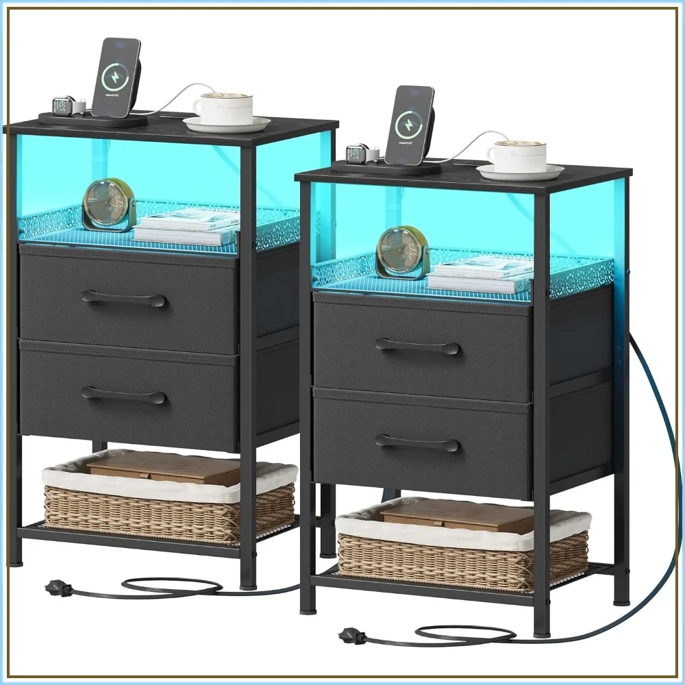 Nightstand Set of 2 with Charging Station, LED Lights, 26.4" Tall Bedside Table, Metal Shelf, Fabric Drawers, Black
Nightstand Set of 2 with Charging Station, LED Lights, 26.4" Tall Bedside Table, Metal Shelf, Fabric Drawers, Black