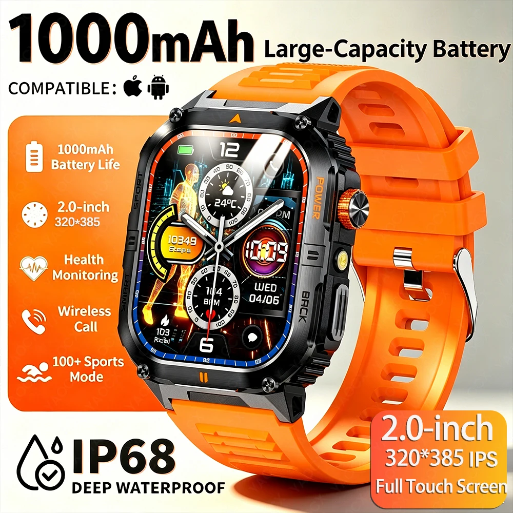 Military Smartwatch Outdoor Sports 1000 Mah Battery IP68 Waterproof 2.0-inch 100+ Sport Modes SmartWatches for Man Woman 2026
Military Smartwatch Outdoor Sports 1000 Mah Battery IP68 Waterproof 2.0-inch 100+ Sport Modes SmartWatches for Man Woman 2026