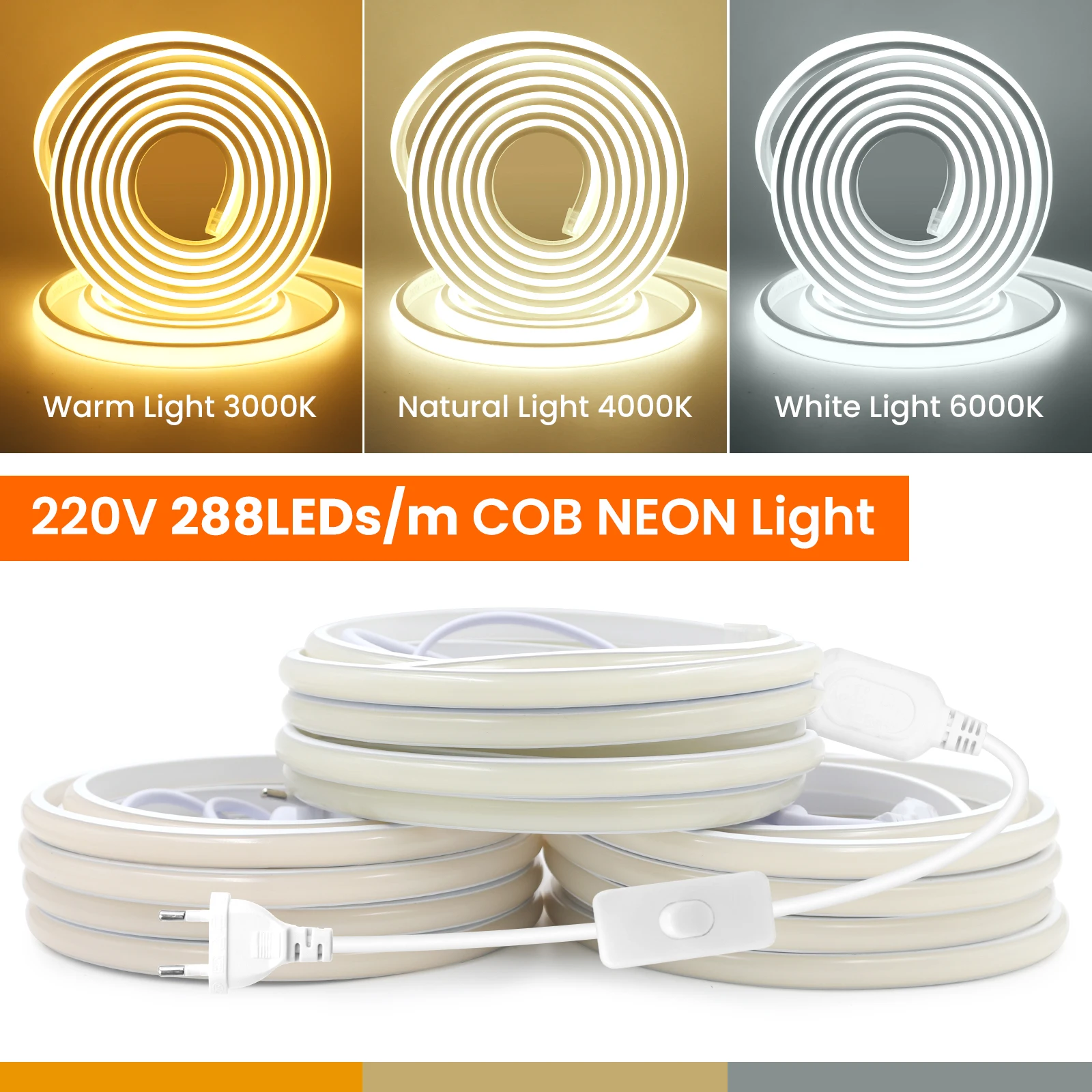 AC 220V 288Leds/M COB Неоновый свет Водонепроницаемый 3000K 4000K 6000K Белый CRI RA85 Домашний декор Высокая яркая гибкая лента светодиодная лента
AC 220V 288Leds/M COB Неоновый свет Водонепроницаемый 3000K 4000K 6000K Белый CRI RA85 Домашний декор Высокая яркая гибкая лента светодиодная лента