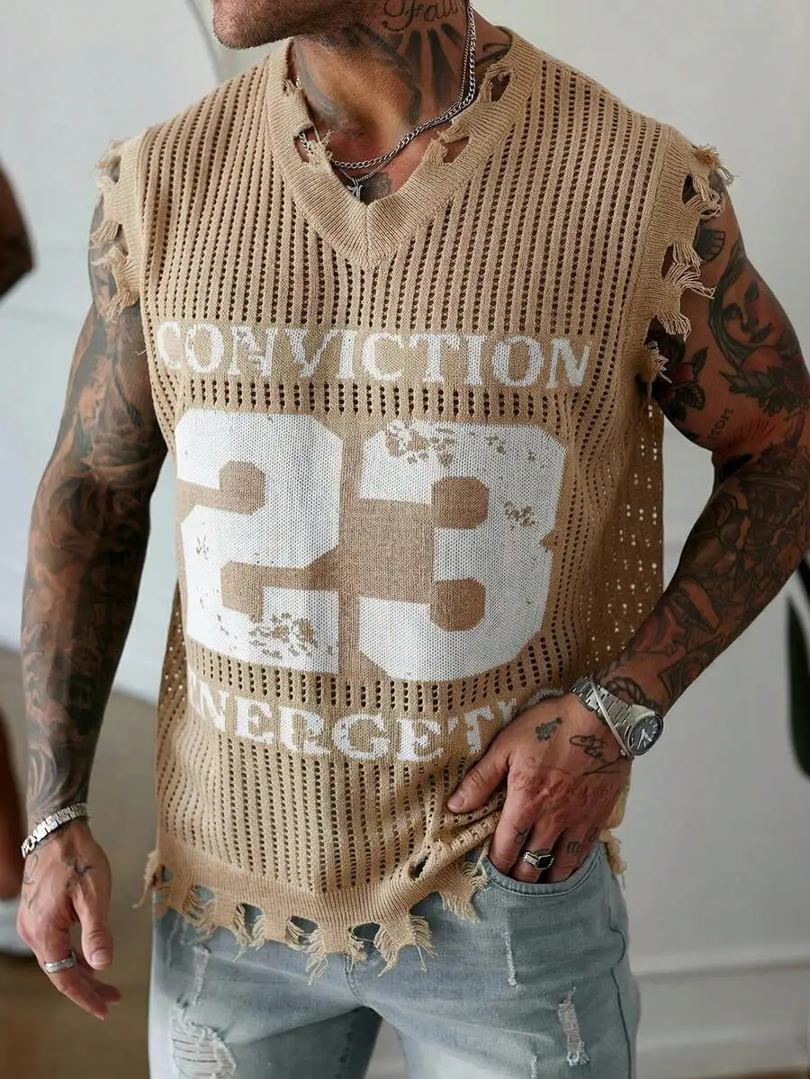 Mens V-Neck Knitted Sweater Vest With Letter Print And Frayed Trim
Mens V-Neck Knitted Sweater Vest With Letter Print And Frayed Trim