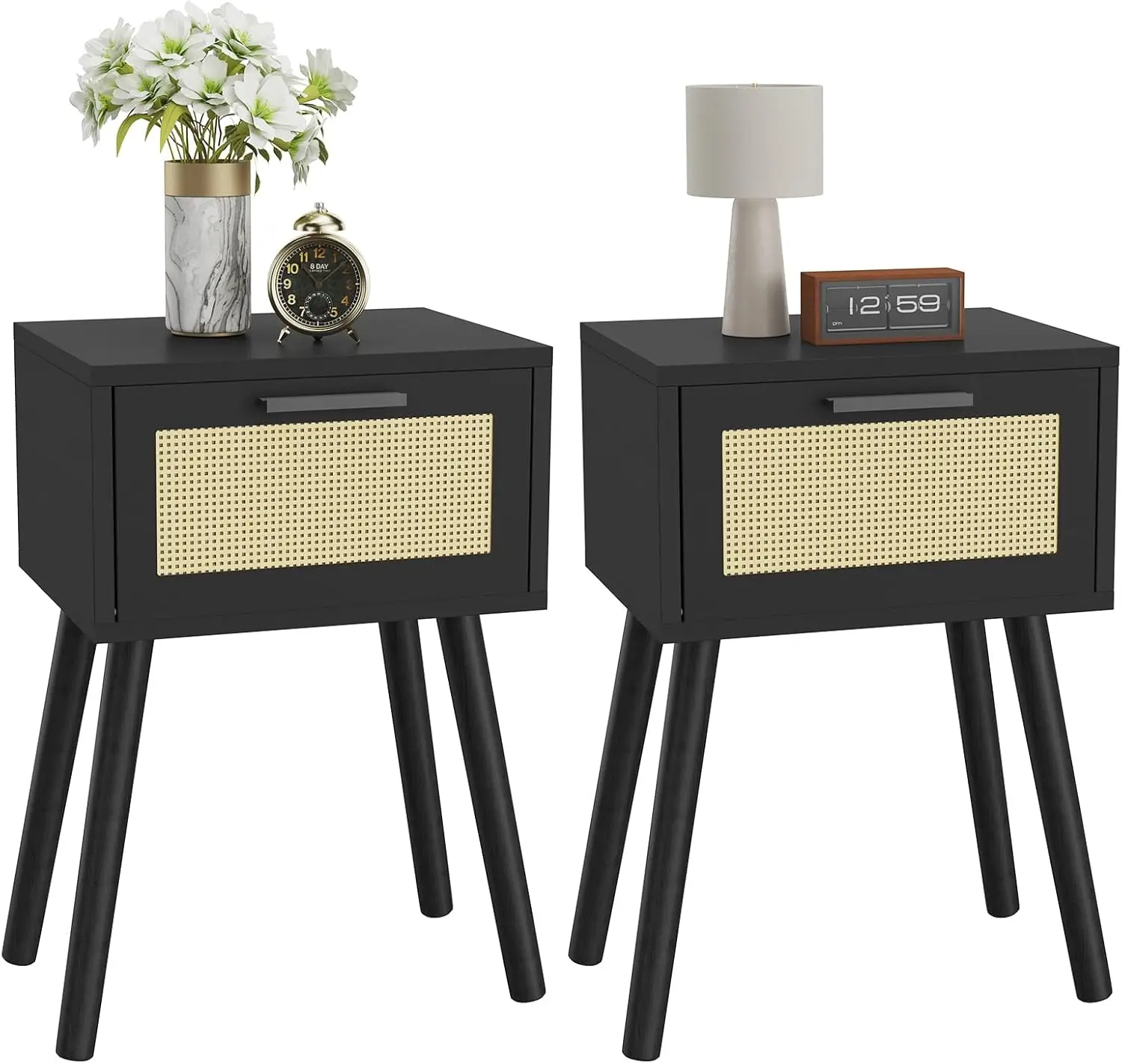 Modern Nightstand Set of 2, Handmade Rattan Drawer, Solid Wood Legs for Bedroom and Small Spaces in Black
Modern Nightstand Set of 2, Handmade Rattan Drawer, Solid Wood Legs for Bedroom and Small Spaces in Black