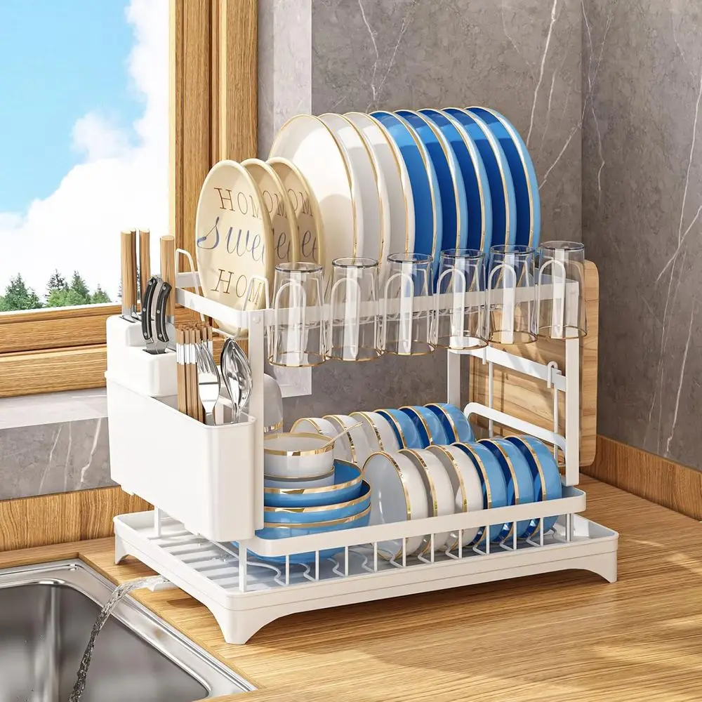 White 2-Tier Iron Dish Drying Rack with Detachable Cutlery Tray
White 2-Tier Iron Dish Drying Rack with Detachable Cutlery Tray