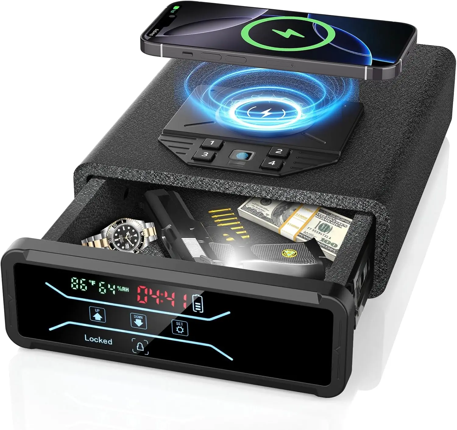 Biometric Quick Access Pistol Safe with Wireless Charging for Watch & Phone, 3-in-1 Fingerprint Keypad Key Lock Gun Box
Biometric Quick Access Pistol Safe with Wireless Charging for Watch & Phone, 3-in-1 Fingerprint Keypad Key Lock Gun Box