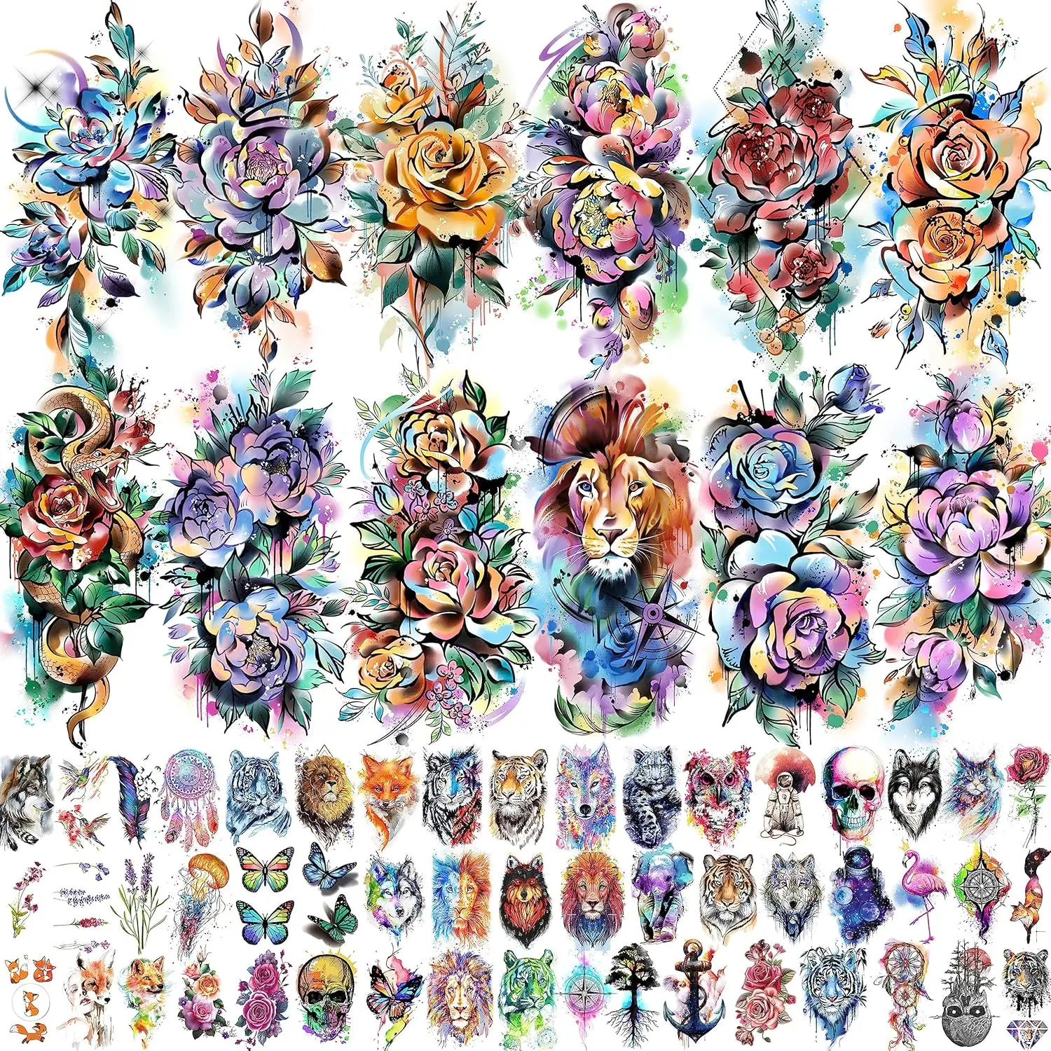 63 Sheets 3D Watercolor Rose Temporary Tattoos for Women, Floral & Animal Designs, Long Lasting
63 Sheets 3D Watercolor Rose Temporary Tattoos for Women, Floral & Animal Designs, Long Lasting