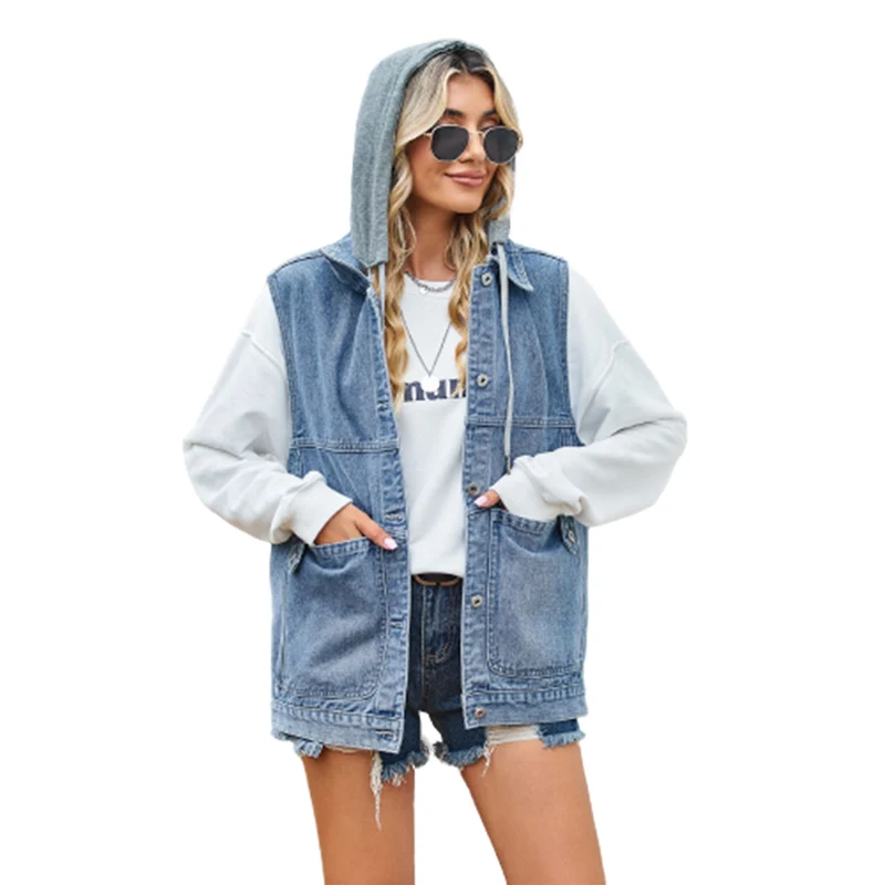 Women Lapel Single-breasted Cardigan Denim Vest Sleeveless Pockets New Detachable Hooded Waistcoat Female Casual Loose Outerwear
Women Lapel Single-breasted Cardigan Denim Vest Sleeveless Pockets New Detachable Hooded Waistcoat Female Casual Loose Outerwear