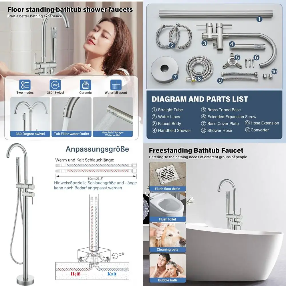 Brushed Nickel Floor-Mounted Bathtub Faucet with High Flow and Handheld Shower Mixer
Brushed Nickel Floor-Mounted Bathtub Faucet with High Flow and Handheld Shower Mixer