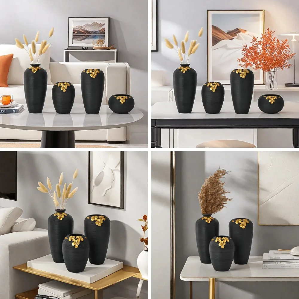Black Ceramic Vase with Golden Floral Relief, Striped Handmade Pot for Flower Arrangement Home Decor
Black Ceramic Vase with Golden Floral Relief, Striped Handmade Pot for Flower Arrangement Home Decor