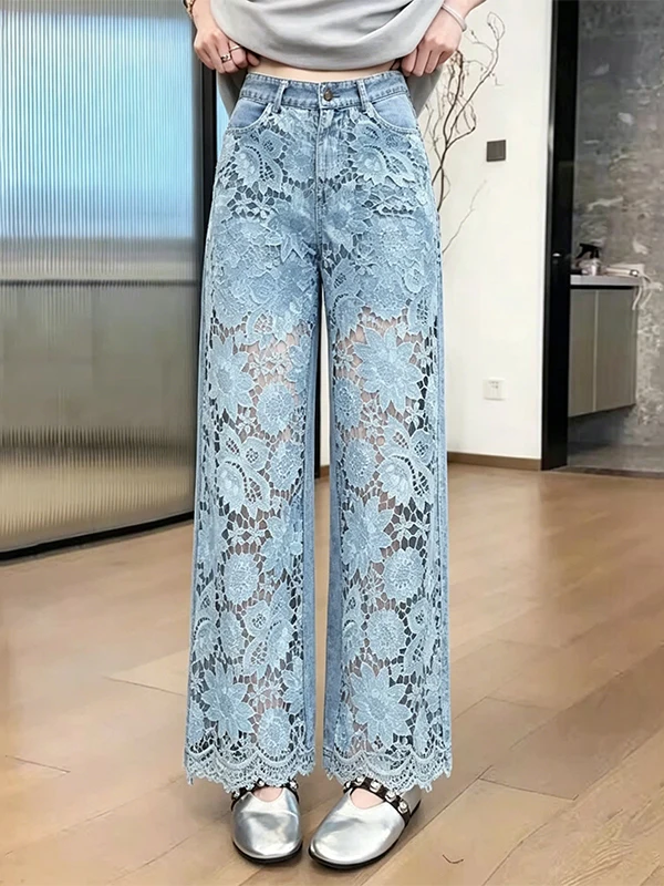 Blue Heavy Embellished Lace Splicing Wide Leg Jeans Women's High Waist Loose Slim Straight Cut Summer Denim Pants Design Sense
Blue Heavy Embellished Lace Splicing Wide Leg Jeans Women's High Waist Loose Slim Straight Cut Summer Denim Pants Design Sense
