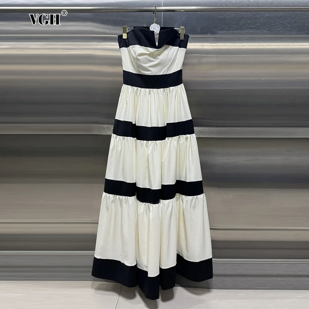 VGH Hit Color Stripe Elegant Spliced Back Bowknot Dress for Women Strapless Sleeveless High Waist Chic Pleated Dresses Female
VGH Hit Color Stripe Elegant Spliced Back Bowknot Dress for Women Strapless Sleeveless High Waist Chic Pleated Dresses Female