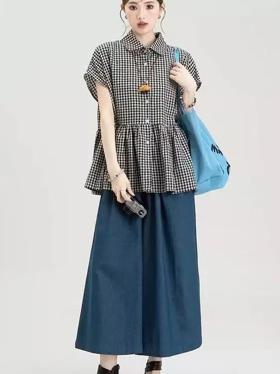 Summer Plaid Short Sleeve Shirt And Wide Leg Pants Women's Two-Piece Set Fashionable Height-Boosting Ensemble Korean Style
Summer Plaid Short Sleeve Shirt And Wide Leg Pants Women's Two-Piece Set Fashionable Height-Boosting Ensemble Korean Style