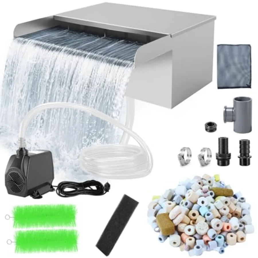 Garden pond waterfall kit with 304 stainless steel spillway box, silver, includes 800 GPH pump, 9.8' hose, sponge filter, and 1
Garden pond waterfall kit with 304 stainless steel spillway box, silver, includes 800 GPH pump, 9.8' hose, sponge filter, and 1